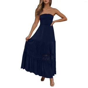Casual Dresses Womens Fashion Bohemian Strapless Off Shoulder Lace Trim Backless Flowy A Line Beach Long Maxi Dress