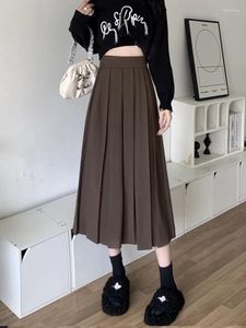 スカートhouzhou long pleated skirt womenヴィンテージ韓国ファッションソリッドハイウエストa-line midi school girlエレガントカジュアルな秋