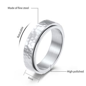 6mm stainless steel rotating ring hand hammer irregular pattern rotating ring for women and men jewelry