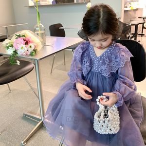 Girls embroidery falbala fly sleeve dress kids beaded V-neck lace tulle dresses 2024 spring children gauze princess clothes Z7162