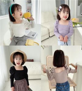 Summer Ins Little Girls Ribbed Tshirts Autumn Blank Puff Sleeve Cotton Fashion Bountique Clothes Winter Fall Top 27 Years2061445