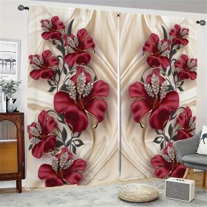 Curtains Red Gold Diamond Flower Floral Window Curtains Blinds For Living Room Kid's Bedroom Bathroom Kicthen Office Door Home Decor2Pcs
