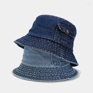 Berets 2024 Denim cor sólida balde chapéu pescador ao ar livre viagem sol boné para homens e mulheres 03