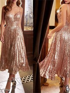 Vestidos de festa a linha cinta de espaguete shinny lantejoulas comprimento com decote em v evenin baile cocktail vestido de noite brilho brilho sem costas