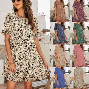 Summer Womens Leopard Print Dress Round Neck Front Short Back Long Ruffled For Women