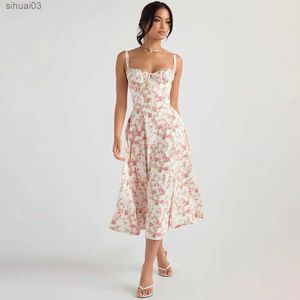 基本的なカジュアルドレスSOOLASEA 2024 New Womens Summer Sundress Floral Print Dressesエレガントなミディドレスカジュアルカジュアル服シックな甘いスプリットパーティードレス2403