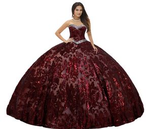 Блестящие металлические блестки кружевные винно-красные платья Quinceanera бальное платье с V-образной линией талии и кристаллами лиф для девочек 15 лет рожденияda4482866