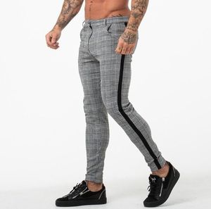Mens Jogger Pants Grey Plaid Chinos Skinny Pants for Men Side Stripe Stretchy Montering Athletic Body Building5141197