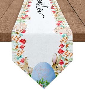 Table Cloth Easter Eggs Spring Summer Colorful Flowers Linen Runner Dresser Scarf Holiday Party Dining Decorations