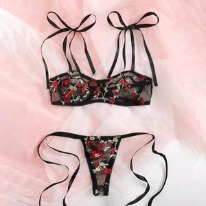 Set di reggiseni da donna in rete con ricami floreali, intimo trasparente con lacci, con perizoma intimo, sensuale, trasparente, costume erotico