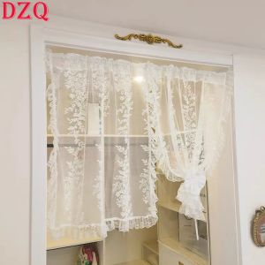 Cortinas coreano com babados borda porta para sala de estar renda branca folhas tule cortinas para cozinha # A507