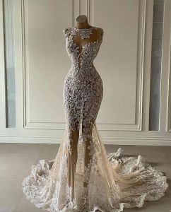 Modest Mermaid Wedding Dresses Illusion Bridal Gown Sweep Train Crystals Beaded Lace Applique Tulle Sleeveless Custom Made Plus Size Beach vestido de novia