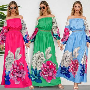 Large Size Women's Sleeved Open Back Top+a-line Large Hem Printed Long Half Skirt Two-piece Set Explosive