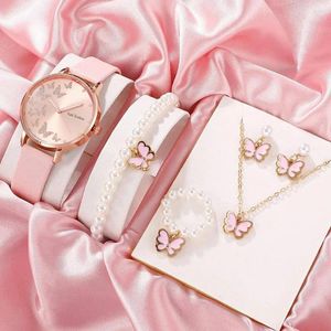 Wristwatches Quartz Movement Watch Set Butterfly Pendant Jewelry With Faux Pearl Accents Bracelet Necklace Earrings Ring Adjustable