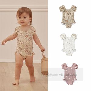 Little Girls Floral Tryckt i ett stycke Swimsuit Toddler Kids Puff Sleeve Snabbtorkning Solskydd Badkläder Beach Pool Baddräkter Barn Spa Simning Z7178