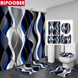 Curtains Blue Geometric Wavy Shower Curtain Sets Black and Gray Striped Toilet Lid Cover Bath Mat NonSlip Rugs Modern Bathroom Decor