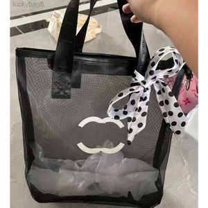 디자이너 블랙 흰색 메쉬 숄더 가방 여성 패션 쇼핑 클래식 레터 투명 세척 리본 장식 해변 휴대용 환경