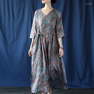 Party Dresses Original Loose Retro V-Neck Dress Ramie Printing Summer Long Women's Clothing 2024