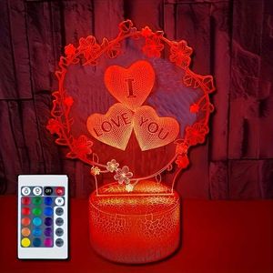 Bordslampor 1pc Love Heart 3D Night Light with Remote Touch Control 16 Färg Byt RGB omgivande lampor för sovrumsspelrum DCOR Birthday Holiday Present till GI