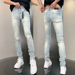 Men's Jeans 2024 Spring Ripped Hole Denim Man's Pants Washing Light Blue Hip Hop Slim Fit Trousers High Street Beggar