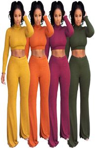 Casual Donna Set due pezzi Maglione Top e pantaloni Set dolcevita Manica lunga Crop Top Pantaloni gamba larga Abito elastico in vita Abiti T208822832