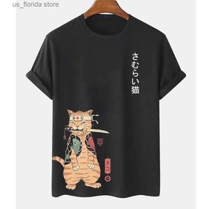 Homens camisetas Cartoon Anime Samurai Cat Impresso Camiseta para Homens Ao Ar Livre Hip Hop Harajuku Roupas Vintage Casual O-pescoço Solto Curto Slve Ts Y240314