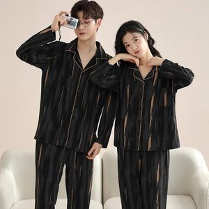 Pijamas femininos tamanho grande M-4XL casal pijamas conjunto primavera e outono algodão pijamas manga longa mulheres homens turn-down colarinho pijama