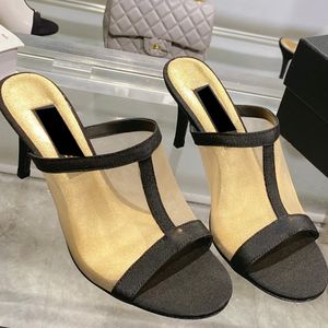 24ss Womens Sandals Stiletto Heels 7.5cm Mesh Full Cover Slippers Screen Slippers Slip-On Sandals Spliced Breathable Workplace Sandals Wedding Shoes