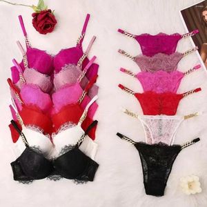 Bras Sets Rhinestone Shoulder Strap Ladies Underwear Two-piece Sexy Gathered Lace Bra Set Panties Wholesale