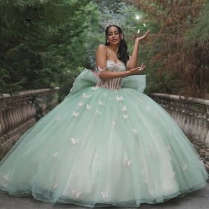 2024 Новые зеленые платья Quinceanera с бантом, бальное платье с открытыми плечами, расшитое бисером и аппликациями в виде бабочек, сладкое платье 16, Vestidos De 15 Anos 322