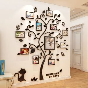 Klistermärken 3D akrylvägg klistermärken Family fotoram för baby vardagsrum dekor trädform spegel tapeter dekaler konst hemtillbehör