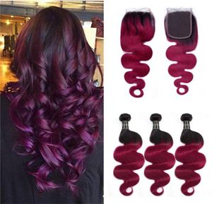 Kolor bakłańska ludzkie włosy Weves z koronkowym zamknięciem 44 Środkowa część dwa ton 1b Fuchsia Hair Bundles Ombre Body Wave z górną bliską 9322519