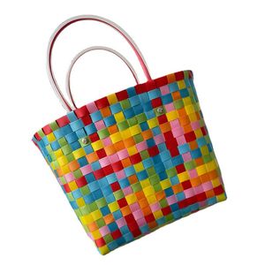 Borsa di paglia colorata fai-da-te per bambini, piccola borsa quadrata intrecciata a mano, cestino per verdure