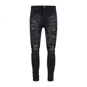 Patchwork Fogamiri Lederjeans, Black Ripped American High Street Hosen, Herrenschleiche Fit Long Hosen SLP -Jeans