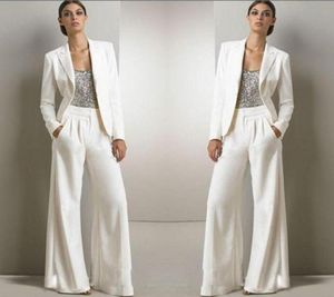 2022 New Bling Sequins Ivory White Pants Suits Mother Of The Bride Dresses Formal Chiffon Tuxedos Women Party Wear Fashion Modest2547379