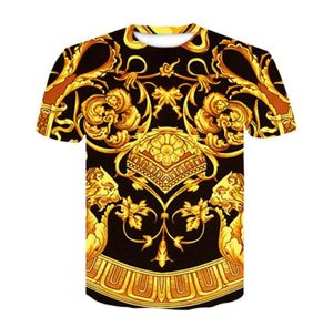 Camisa barroca nova verão t camisa 3d impressão digital t camisa das mulheres dos homens do vintage de luxo real floral impressão flor dourada marca tshirt 6448603