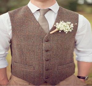 W giełdzie kamizelki pana młodego Brown Brown na wełnę ślubną Tweed Custom Made Slim Fit Mens Suit Vest Farm Dress Waistcoa4930245