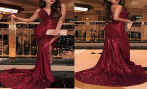 Dark Red Sleeveless Side Split Evening Dresses Sequined Spaghetti Neck Formal Women Holiday Wear Celebrity Party Gowns Plus Size C5481417