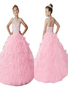 Yeni Varış Uzun Pembe Kızlar Pageant Elbiseleri Açık Sırt İllüzyon Boyun Parlak Boncuklu Fırfırlar Korse 2019 Düğün Çiçek Kız Dresse6591783
