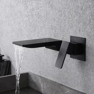 Banyo lavabo muslukları lüks musluk şelale mikseri musluk siyah duvara monte pirinç ve soğuk yaşam dekorasyonu el su muslukları