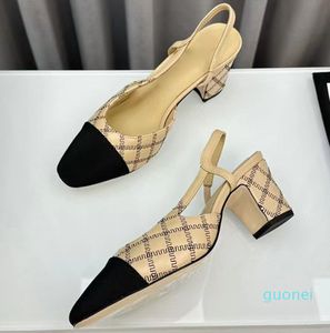 2024 Kadın Slingback tıknaz topuk sandalet pist klasik deri sütür deseni bahar yaz elbise ayakkabıları kadınlar için