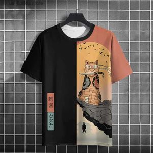 T-shirty męskie retro anime kot męski T-shirt Summer O-Neck swobodne krótkie slve ts ograniczenie krótkie ubranie męskie ubranie męskie topy y240314