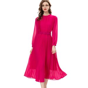 Women's Runway Dresses O Neck Long Sleeves Fashion High Street Designer Casual Vestidos with Belt