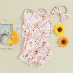 Kleidungssets Baby-Mädchen-Shorts, ärmellos, Blumen- und Schmetterlingsdruck, Leibchen, Rüschen, Stirnband, Sommerkleidung