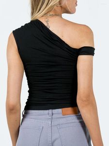 Tanques femininos Mulheres S Slim Tank Tops Um ombro sem mangas Ruched Apertado Pescoço Assimétrico Colete de colheita de cor sólida