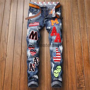 Style Punk Trend Blue Cat Beard Slim Fit Bullet Free Paint Embroidery Small Straight Mens Jeans 896