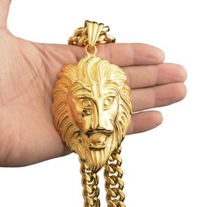 316L Stainless Steel Men Lion Head Big Pendant Miami Cuban Link Chains Golden Necklace Hip Hop Accessories For Mens Punk Jewelry