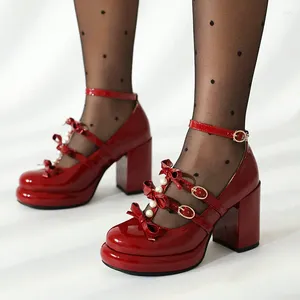 Scarpe eleganti Bella ragazza dolce Blocco con tacco alto Multi-papillon Nodo Cosplay Mary Janes Piattaforma Tacchi grossi Décolleté Lolita bianchi bordeaux