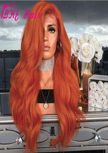 Moda resistente ao calor de fibra de alta temperatura cabelo longo onda natural laranja cobre vermelho peruca dianteira do laço sintético para preto w5277186