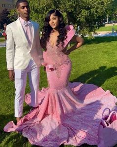 Pink Sparkly Mermaid Evening Formal Dresses for Women Diamond Crystal Veet African Prom Gala Gown Black Girl